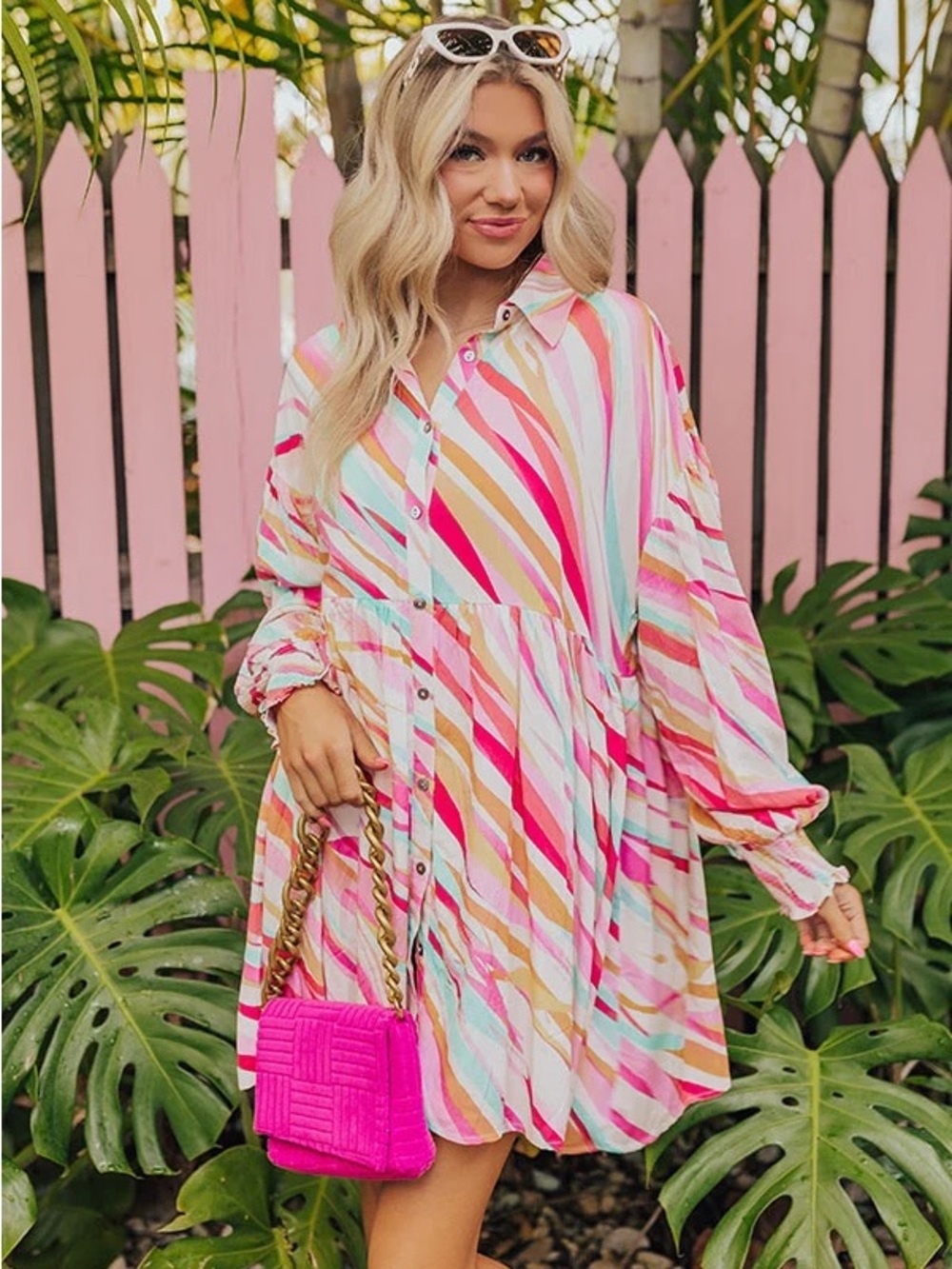entro “Sorbet” Pink Stripe Button Front Mini Dress - Pockets and Dolman Sleeves